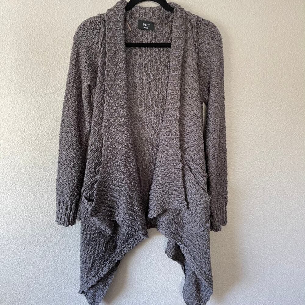 Vici Drape Open Front Knit Cardigan Sweater Pockets Asymmetrical Womens Small